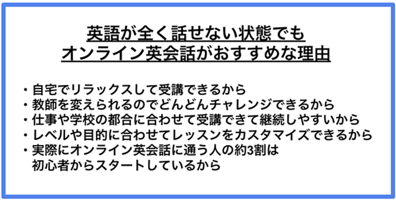 英語が全く話せない状態でもオンライン英会話がおすすめな理由 ·自宅でリラックスして受講できるから ·教師を変えられるのでどんどんチャレンジできるから ·仕事や学校の都合に合わせて受講できて継続しやすいから ·レベルや目的に合わせてレッスンをカスタマイズできるから ·実際にオンライン英会話に通う人の約3割は初心者からスタートしているから
