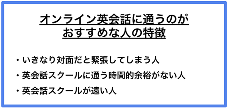 オンライン英会話に通うのがおすすめな人の特徴 ·いきなり対面だと緊張してしまう人 ·英会話スクールに通う時間的余裕がない人 ·英会話スクールが遠い人