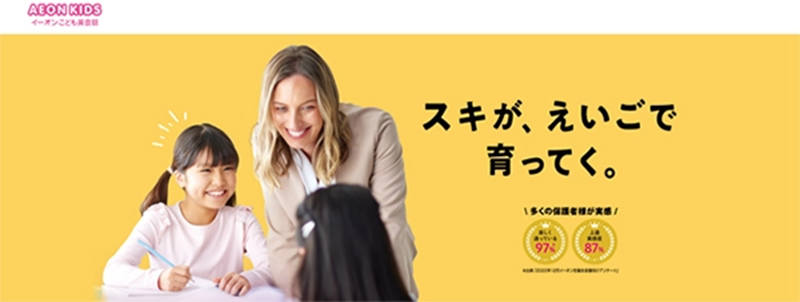 AEON KIDS イーオンこども英会話 スキが、えいごで育ってく。 多くの保護者様が実感 楽しく通っている:97% 上達実感度:87% ※出典「2022年12月イーオン在籍生徒様向けアンケート」