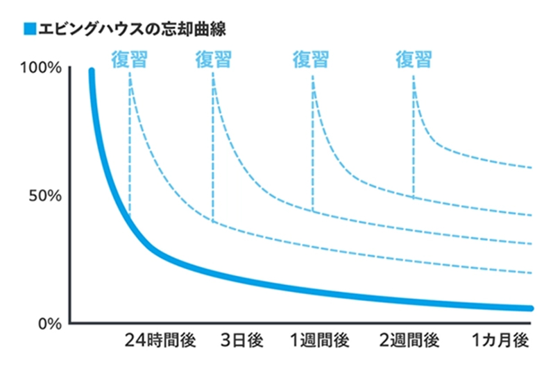 エビングハウスの忘却曲線 24時間後に復習 3日後に復習 1週間後に復習 2週間後に復習 1カ月後に復習
