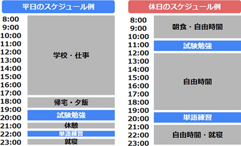 平日のスケジュール例 8:00~18:00 学校・仕事 18:00~19:00 帰宅・夕飯 19:00~21:00 試験勉強 21:00~22:00 休憩 22:00~23:00 単語練習 23:00 就寝 休日のスケジュール例 8:00~10:00 朝食・自由時間 10:00~12:00 試験勉強 12:00~19:00 自由時間 19:00~21:00 単語練習 21:00~23:00 自由時間・就寝