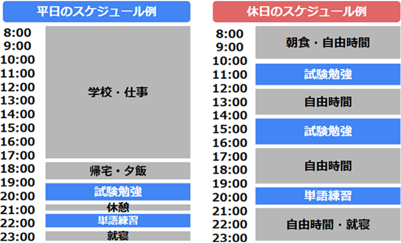 平日のスケジュール例 8:00~18:00 学校・仕事 18:00~19:00 帰宅・夕飯 19:00~20:00 試験勉強 20:00~21:00 休憩 21:00~23:00 単語練習 23:00 就寝 休日のスケジュール例 8:00~10:00 朝食・自由時間 10:00~12:00 試験勉強 12:00~14:00 自由時間 14:00~16:00 試験勉強 16:00~19:00 自由時間 19:00~21:00 単語練習 21:00~23:00 自由時間・就寝