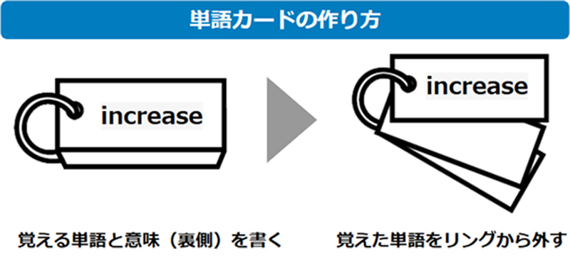 単語カードの作り方 覚える単語と意味(裏側)を書く → 覚えた単語をリングから外す