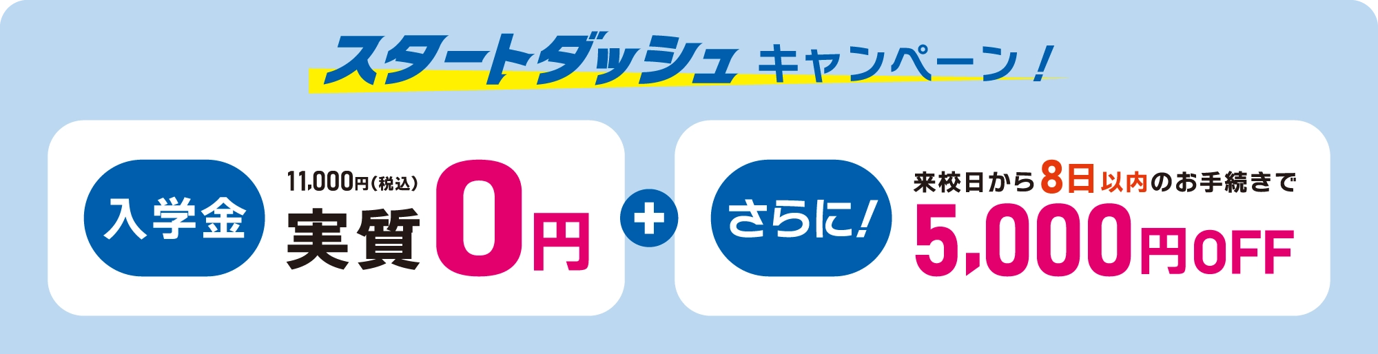 スタートダッシュキャンペーン!　入学金実質0円！　さらに来校日から8日以内のお手続きで5,000円OFF!　2月3月スタートの方は申込締切3/31（火）