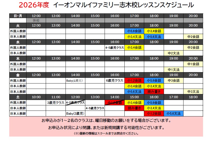 イーオンキッズマルイファミリー志木校のタイムテーブル。