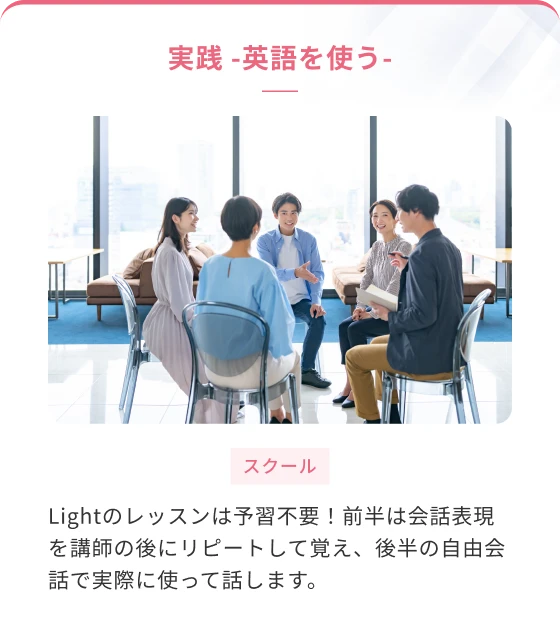 実践　ー英語を使うー　Lightのレッスンは予習不要！前半は会話表現を講師の後にリピートして覚え、後半の自由会話で実際に使って話します。