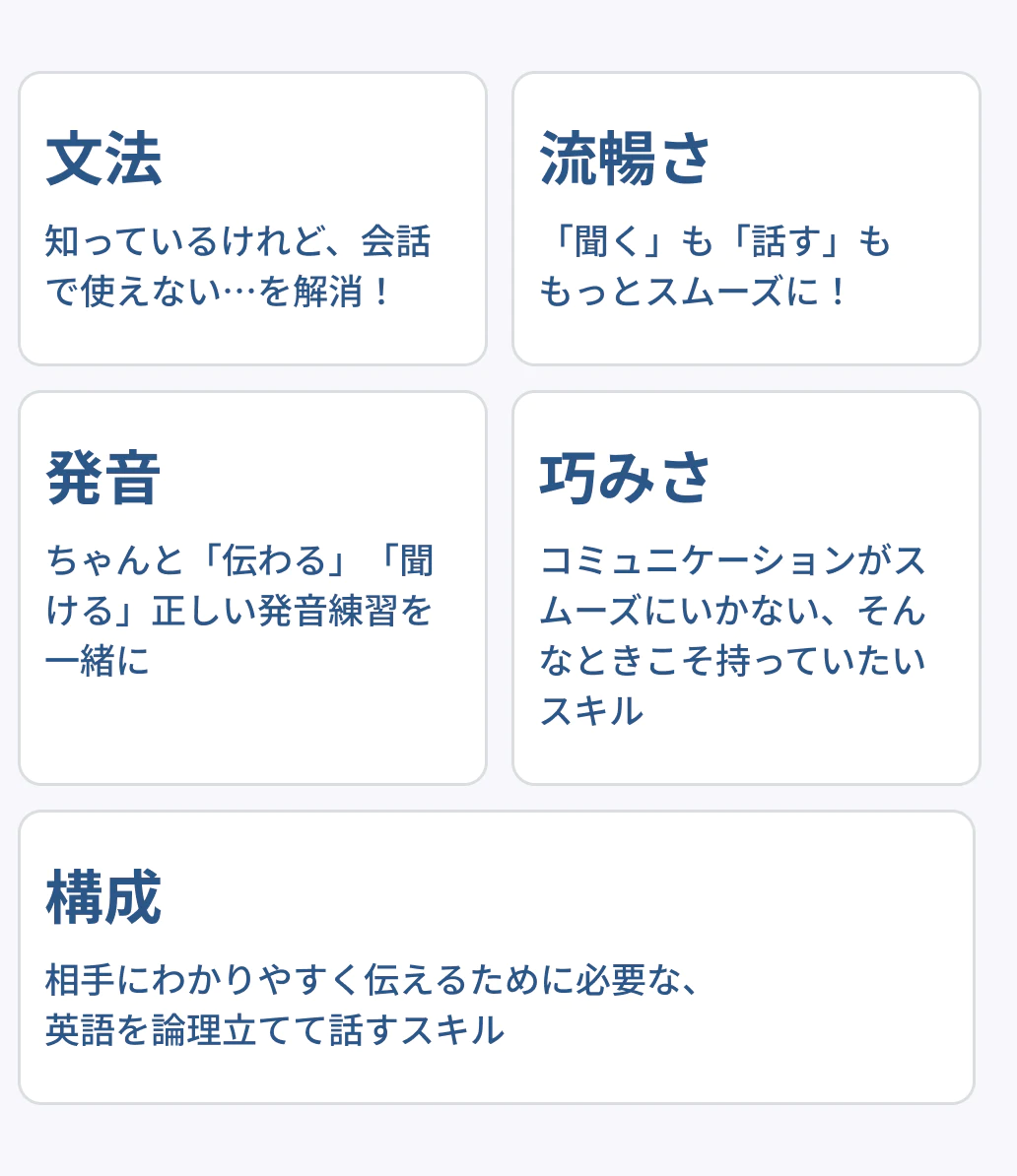 文法 知っているけれど、会話で使えない・・・を解消！ 流暢さ 「聞く」も「話す」ももっとスムーズに！ 発音 ちゃんと「伝わる」「聞ける」正しい発音練習を一緒に 巧みさ コミュニケーションがスムーズにいかない、そんなときこそ持っていたいスキル 構成 相手にわかりやすく伝えるために必要な、英語を論理立てて話すスキル